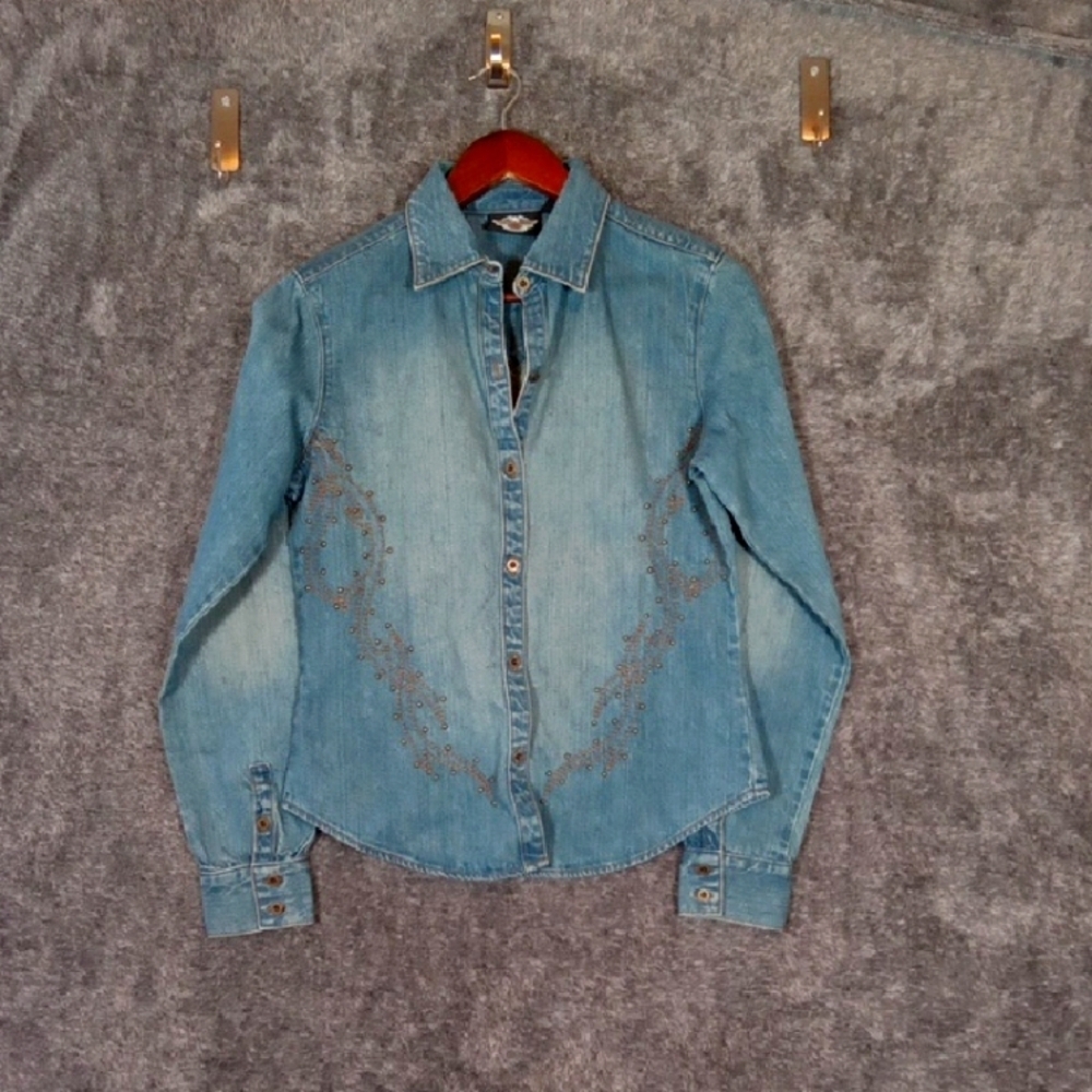 Harley-Davidson Blue Embroidered Button-Down Shirt Denium Costal Womens M